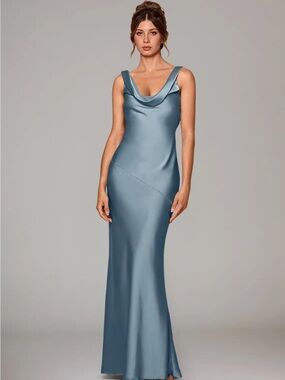 Azazie Dusty Blue Satin Cowl Neck Gown